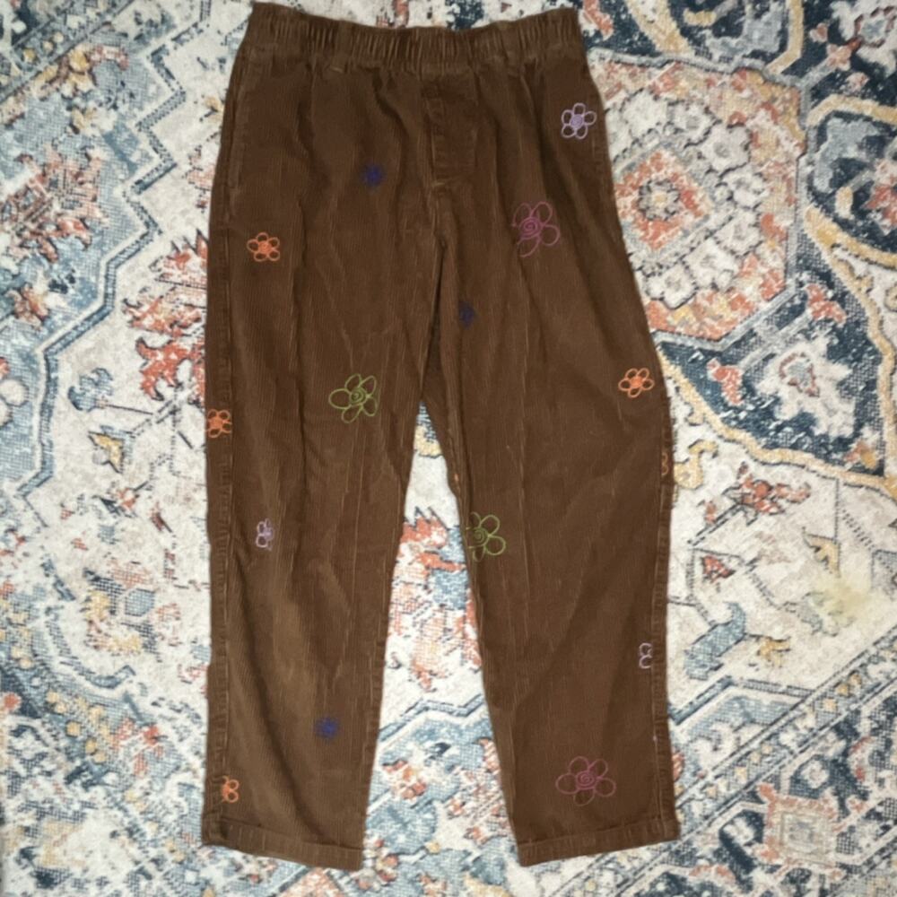 Urban Outfitters Brown Corduroy Wide Leg Pants with Colorful Flower Embroidery